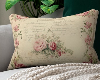 Vintage Rose Lumbar Pillow: Shabby Chic Farmhouse Decor