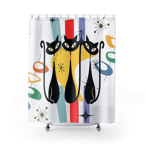 Cortina de chuveiro retrô de três gatos atômicos de meados do século, amante de gatos pretos, decoração de banheiro MCM, cortina de chuveiro de box de banheira