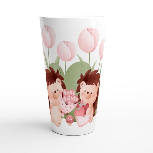 cute hedgehog mug, large coffee, animal, pink tulip, floral, tall, big cup, Latte 17oz Ceramic Mug