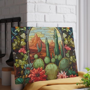 Cactus western style stained glass look, tempered glass cutting board