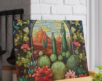 Cactus western style stained glass look, tempered glass cutting board