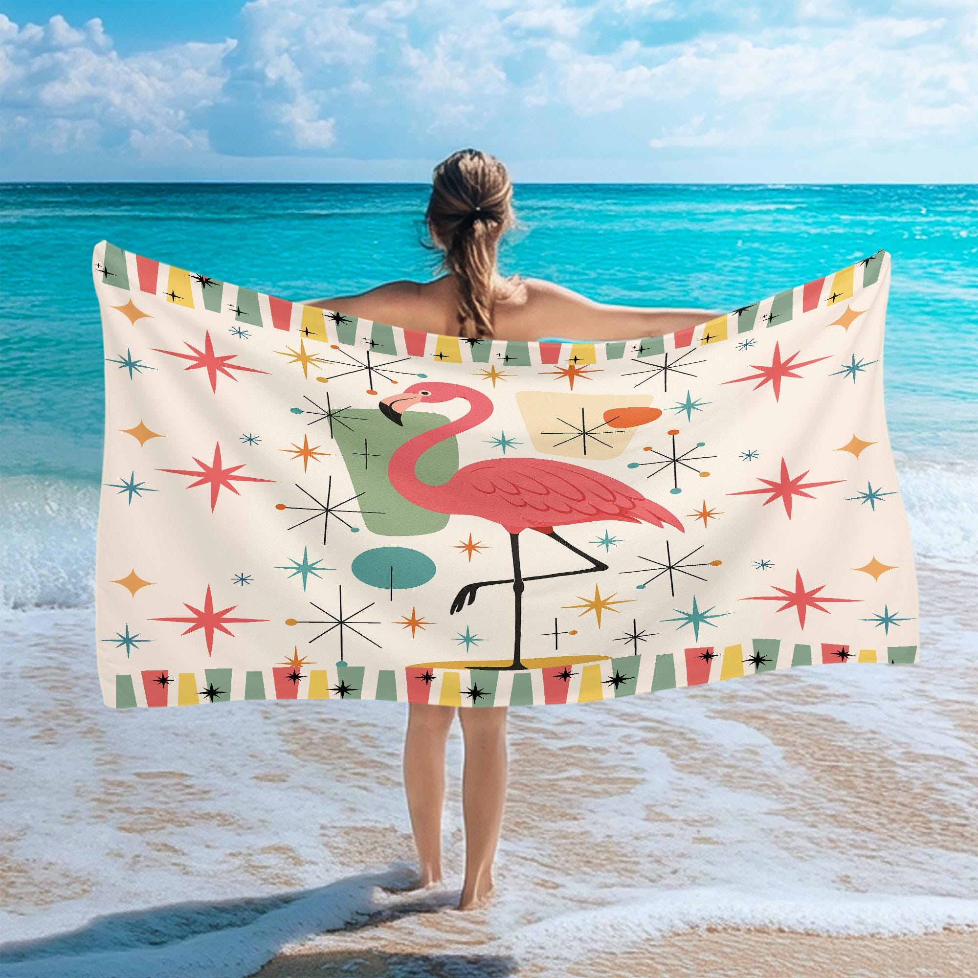 Retro Pink Flamingo Beach Towel: MCM Tropical Decor - Etsy