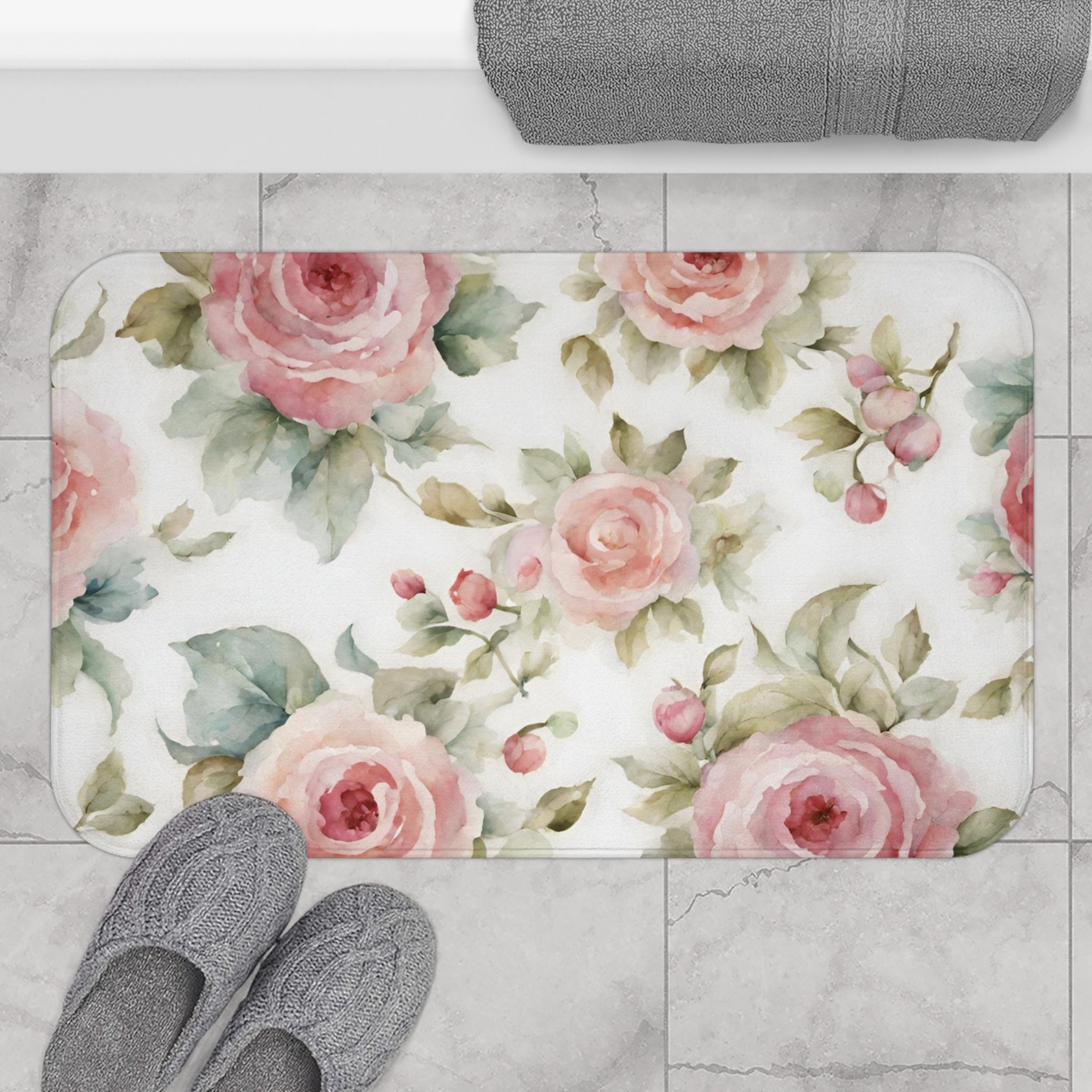 Pink Watercolor Roses Shabby Chic Bath Mat, French Vintage Inspired, Non Slip Mat, Bathroom