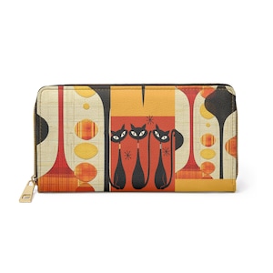 Portefeuille à glissière rétro avec chat atomique, sac à main MCM, moderne du milieu du siècle, cadeau pour ami, amoureux des chats noirs, kitsch, cadeau d'anniversaire pour femme