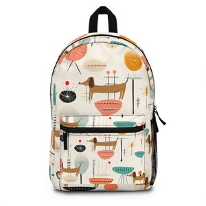 Mid Century Modern Dachshund retro inspired Backpack, dog owner lover, travel, overnight, weekender, college backpack