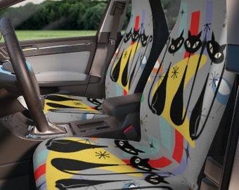 Atomic Cat Car Seat Covers, Mid Century Modern Style, Retro Auto Decor