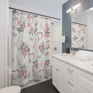 Paris made with love Shabby chic style Shower Curtain, French vintage inspired, pink vintage roses, stall shower curtain