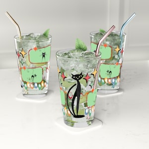 Atomic Cat Pint Glass: Mid-Century Modern Barware (16oz)