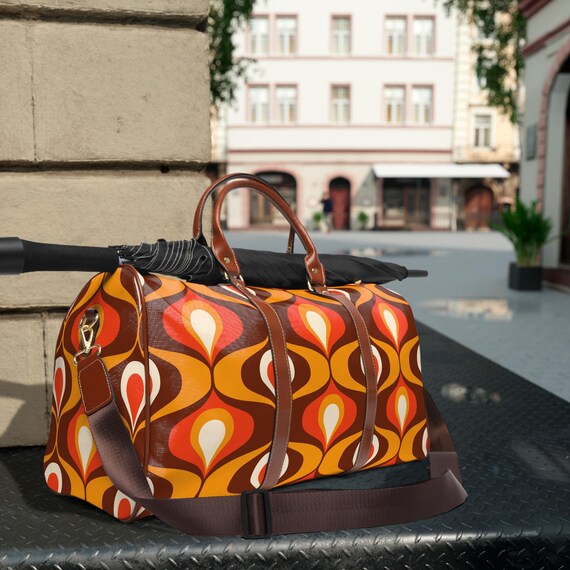 Retro 60s 70s Waterproof Travel Bag, Brown Orange Carry-on - Etsy
