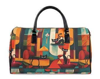 Bolsa de viaje de piel sintética con estampado de gatos atómicos de mediados de siglo / Bolsa de lona con estampado abstracto de gatos vintage