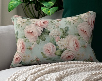 Pink Rose Lumbar Pillow: Shabby Chic French Farmhouse Cushion