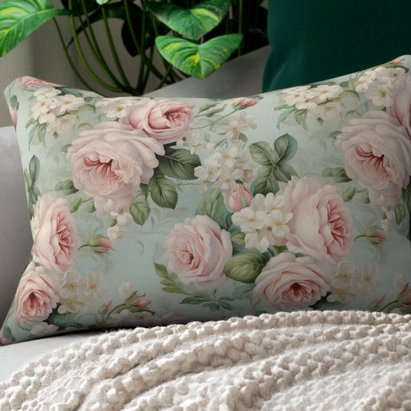 Pink vintage roses shabby chic Lumbar Pillow, French vintage inspired, retro, Farmhouse, country cottage, scatter throw cushion