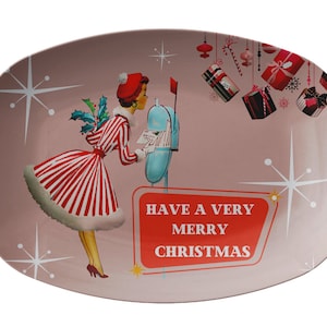 Merry Christmas Retro Vintage 50s Franciscan Starburst Kitsch Christmas Art Platter, Retro Vintage 50s