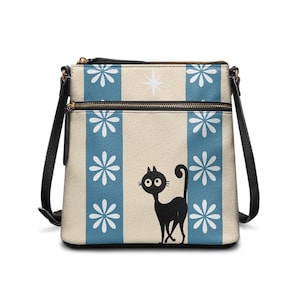Bolso de hombro retro con margaritas y gato atómico, bolso de mano MCM, bolso de moda para mujer, regalo para amantes de los gatos negros
