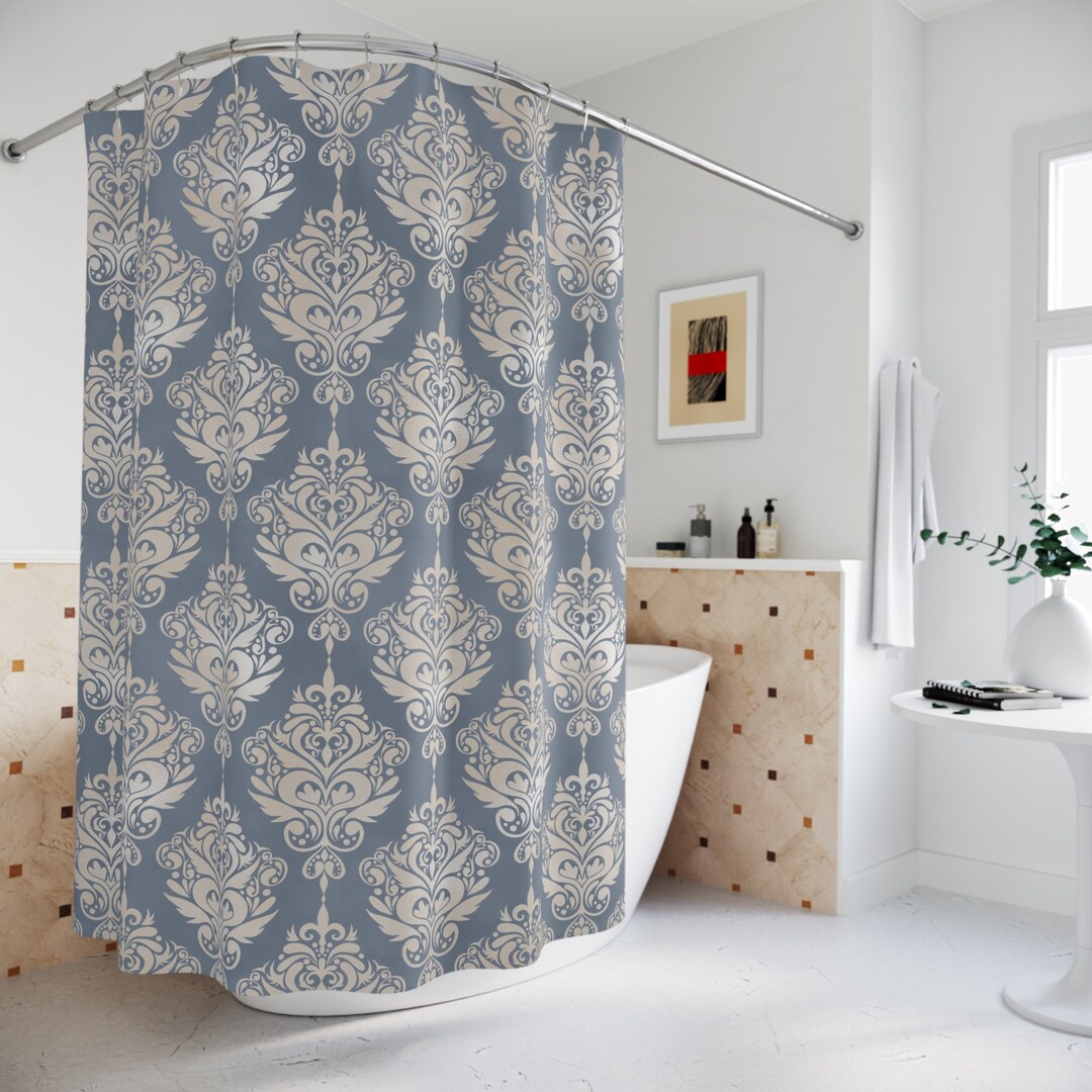 Victorian Inspired Shower Curtain, Damask Pattern, Blue Slate and Ivory