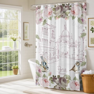 Shabby chic, Paris and flowers, bathroom decor, floral Polyester Shower Curtain