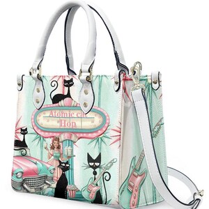 Bolso de mano para mujer Atomic Cat Hop MCM, bolso de hombro retro, inspirado en los años 50 y 60, colores pastel, amante de los gatos negros, lindo bolso moderno de mediados de siglo