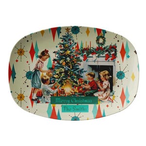 Merry Christmas platter, Retro Vintage 50s Franciscan Diamond Starburst Kitsch Christmas Card Art Platter, Retro Vintage 50s plate