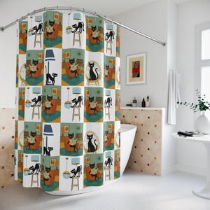 Cortina de Chuveiro com Gato Atômico | Decoração de Banheiro Retrô | Presente para Amantes de Gatos | Acessório para Casa MCM | Ideias Exclusivas de Decoração de Banheiro