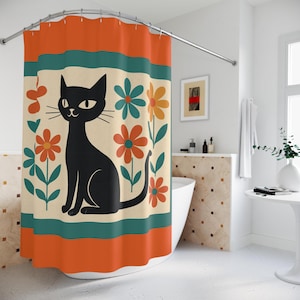 Cortina de chuveiro vintage com estampa de gato atômico floral, decoração de banheiro estilo boho, presente para amantes de gatos, acessórios retrô para banheiro, decoração colorida para casa
