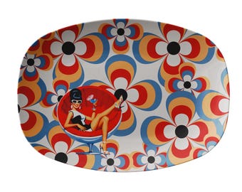 Retro Groovy sassy cocktail lady 10x14"platter, MCM kitchen decor