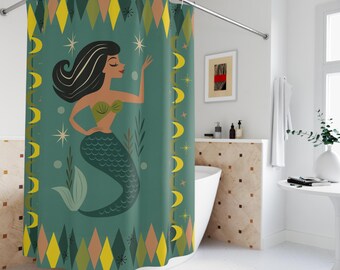 Sjöjungfruduschdraperi: Vintage Boho kustbadrumsinredning