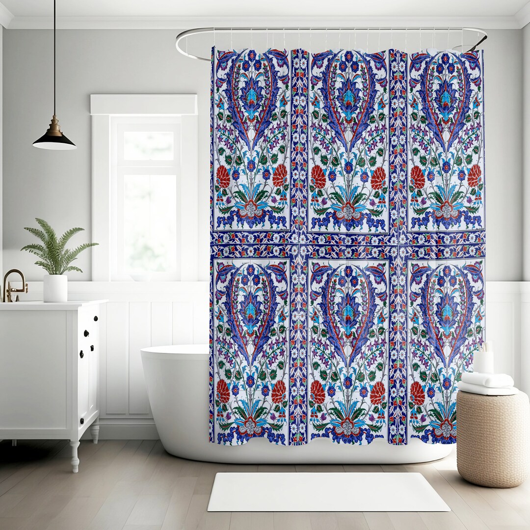 Flower Design Shower Curtain, Red and Blue, Mediteranian, Bath Decor