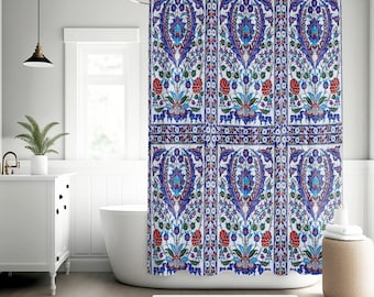 Flower design shower curtain, red and blue, mediteranian, bath decor, bathroom floral Shower Curtain