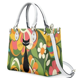 Bolso de mano retro para mujer con diseño de flores y gatos atómicos, bolso de mano MCM, bolso de hombro, regalo para amantes de los gatos negros