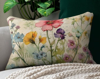 Wildflower Watercolor Lumbar Pillow: Shabby Chic Cottage Decor