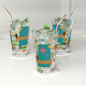 Mid Century modern Dachshund retro Pint Glass, 16oz, MCM home decor, pet owner gift, barware