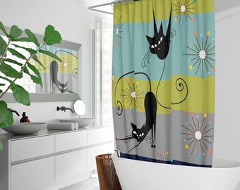 Atomic cat retro MCM. Quick-drying Shower Curtain