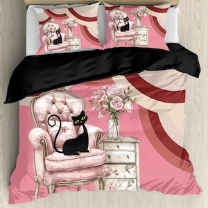 Pink Atomic cat circles polyester duvet cover, MCM bedroom decor, Mid Century Modern, cute black cat lover gift, retro  bed cover set