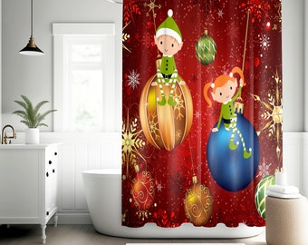 Christmas elves on the baubles, home xmas decor, bathroom curtains, xmas deocoration Shower Curtain, fun xmas decor