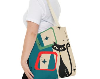 Atomic Cat Tragetasche: Teal Schwarz MCM Retro Einkaufstasche
