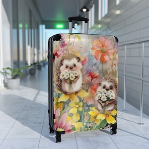 Cute wildflowers and hedgehog Suitcase on wheels, roller case, travel luggage, hard shell suitcase, secure lockable design