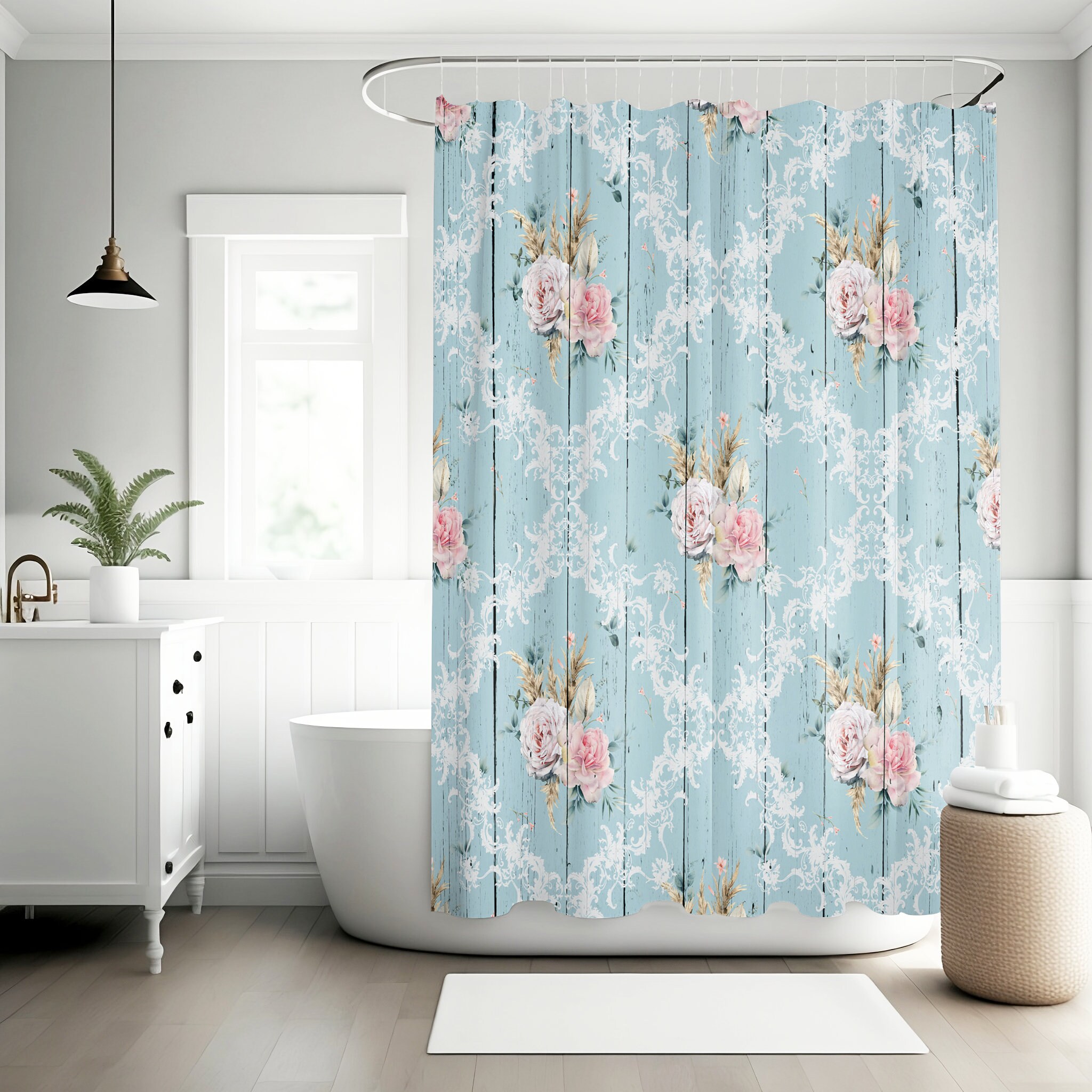 Blue Shabby Chic Pink Roses Shower Curtain, Vintage Shower Curtain