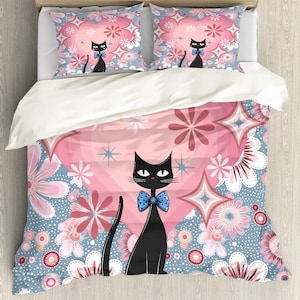 Atomic cat floral aboriginal dots polyester duvet cover, MCM bedding, flower decor, bed cover set, black cat lover, unique   bedroom decor