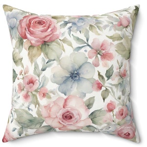 Pink and blue watercolor floral shabby chic Square Pillow, French vintage inspired, chic home interior, scatter throw cushion