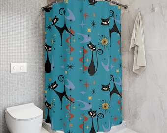 Blue Atomic Cat Shower Curtain: Mid-Century Modern Bathroom Decor