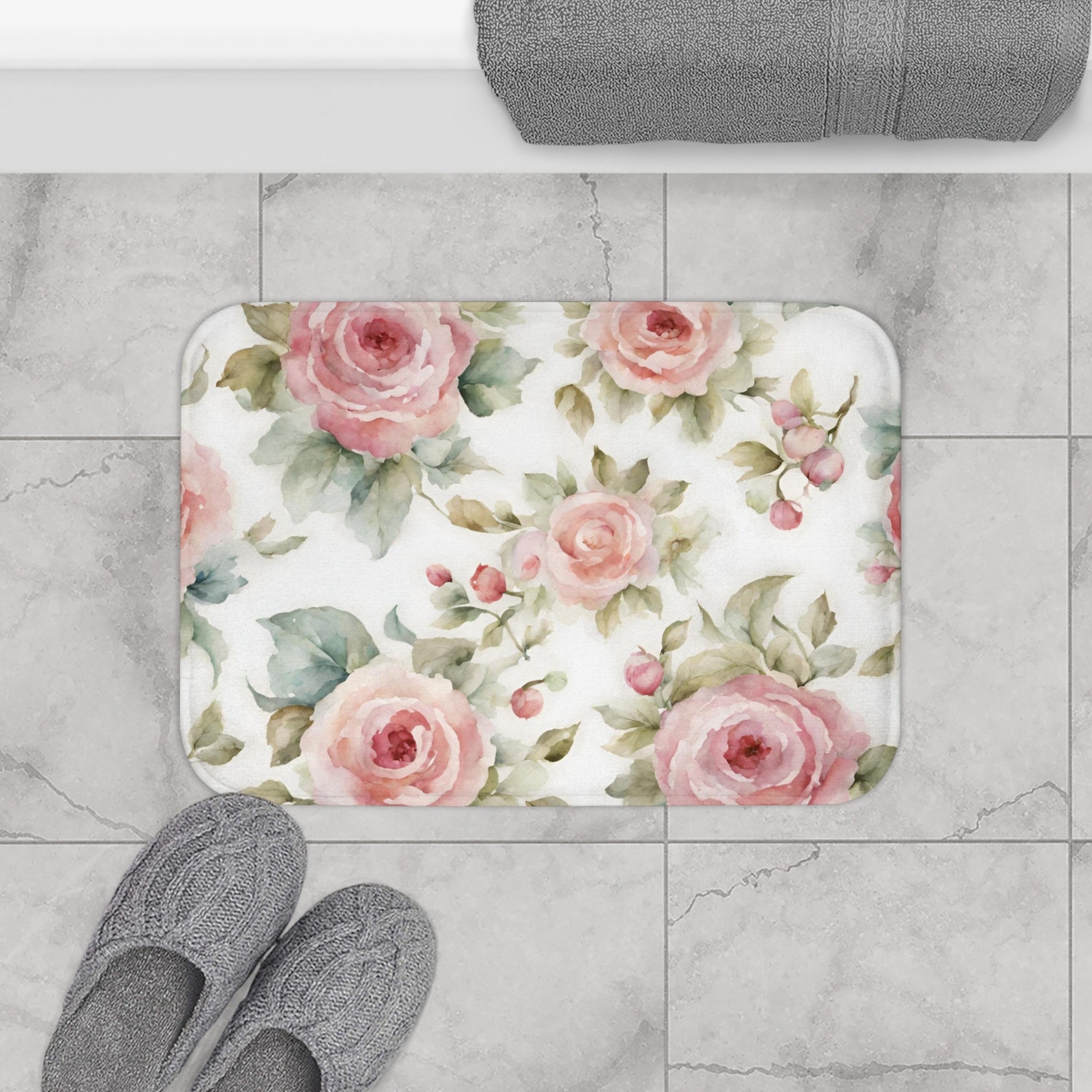 Pink Watercolor Roses Shabby Chic Bath Mat, French Vintage Inspired ...
