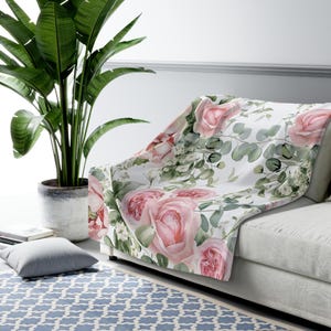 Pink Peony rose Shabby chic Sherpa Fleece Blanket, floral cozy warm soft throw blanket, farmhouse cottage decor