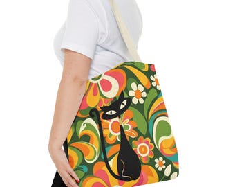 Retro Atomic Cat Tote Bag: Geldbörse im Boho-Stil mit Blumenmuster