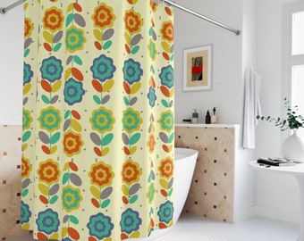 Cortina de chuveiro retrô com estampa floral: decoração de banheiro hippie dos anos 60 e 70