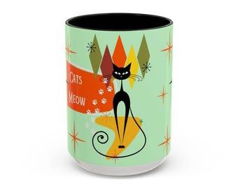 Taza de café Atomic Cats Meow, estilo moderno de mediados de siglo, regalo para amantes de los gatos negros