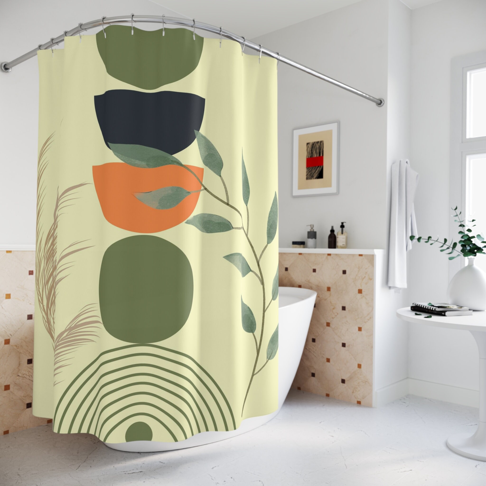 Boho Mid Century Modern Shower Curtain Earth Tones Curtain - Etsy