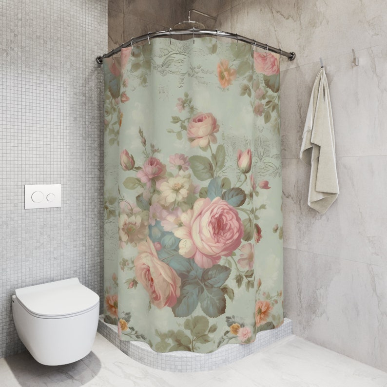Bold Pink Roses Shabby Chic Shower Curtain Vintage Curtains Etsy