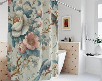 Blumen Vogel Chinoiserie Duschvorhang: Vintage Bauernhaus Badezimmer Dekor