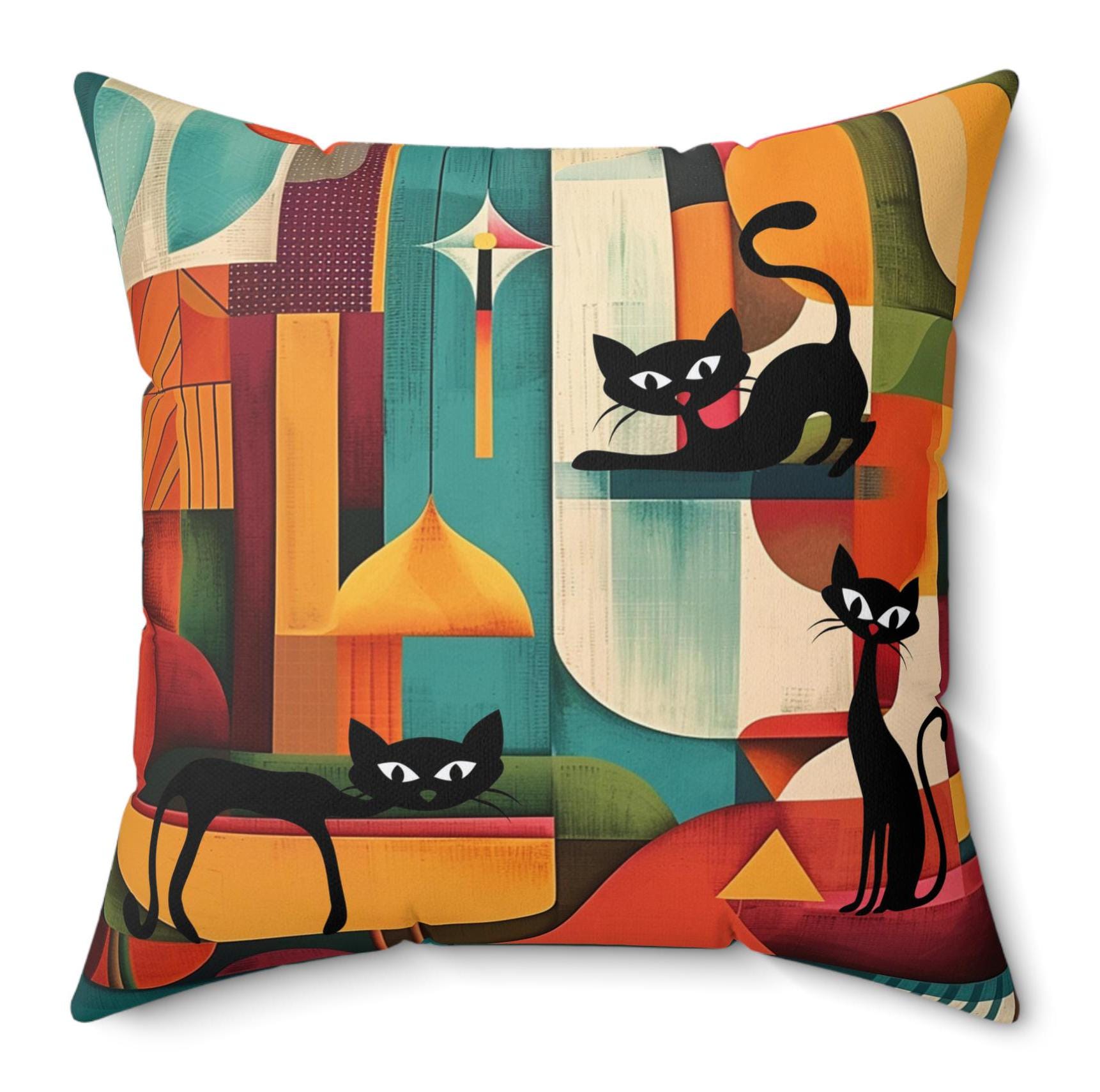 Atomic Cat Pillow: MCM Retro Black Cat Throw Cushion