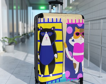 Cats on holiday Suitcase on wheels, travel luggage bag, carry on bag, cute cat lover luggage, colorful suitcase